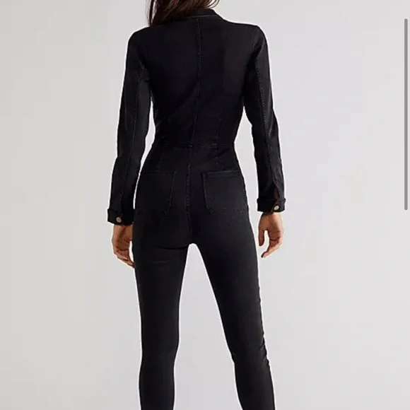 Free People Lennox Black Denim Utility Zip-Up Workwear Jumpsuit Women’s Large - Picture 2 of 10